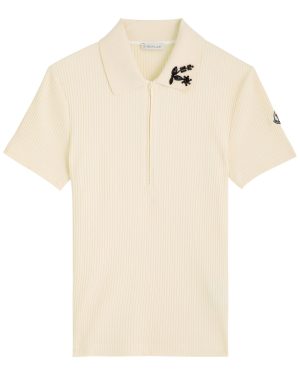 Moncler Ribbed Embellished Cotton-blend Polo top - Ivory - M (UK 12 / M)