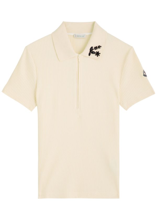 Moncler Ribbed Embellished Cotton-blend Polo top - Ivory - M (UK 12 / M)