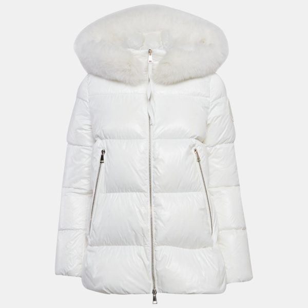 Moncler White Nylon Laichefur Hooded Down Jacket S