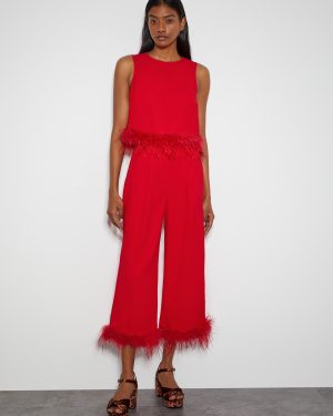 Monsoon x Sarah Corbett-Winder Feather Trim Cropped Trousers Red