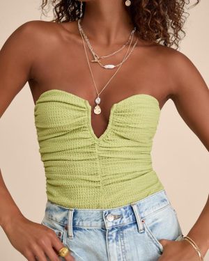 Muna Lime Green Textured Strapless Cutout U-Bar Bodysuit