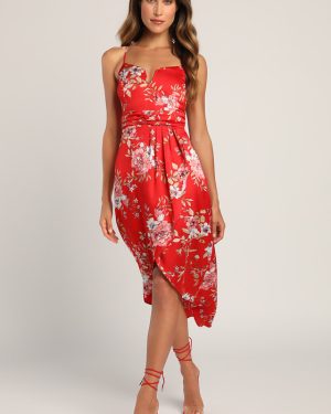 My Favorite Day Red Floral Print Tulip Skirt Midi Dress