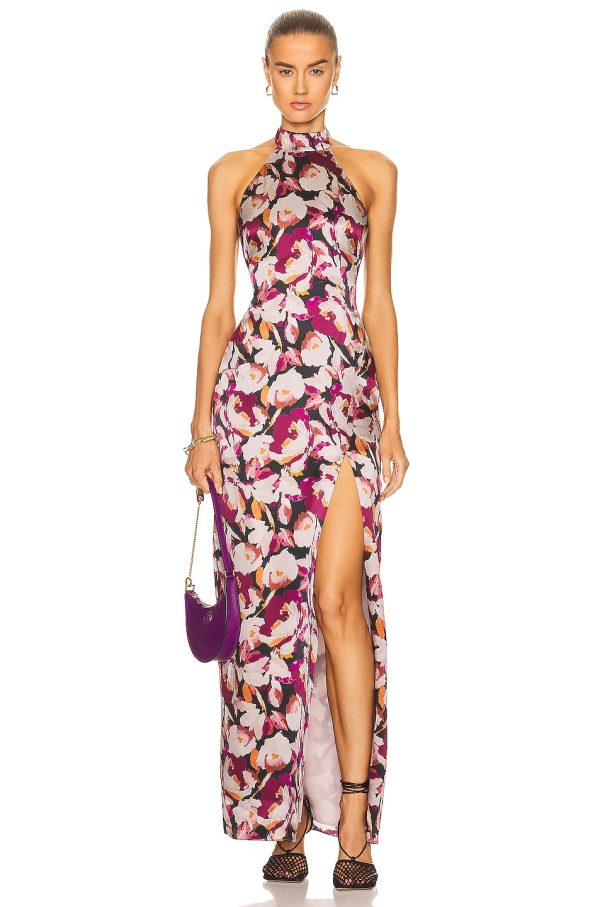 NICHOLAS Ramina Halter Neck Gown in Lanthea Floral Pinot - Wine. Size 8 (also in ).