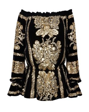 Naeem Khan - Off-The-Shoulder Embroidered Velvet Top - Multi - US 14 - Only At Moda Operandi