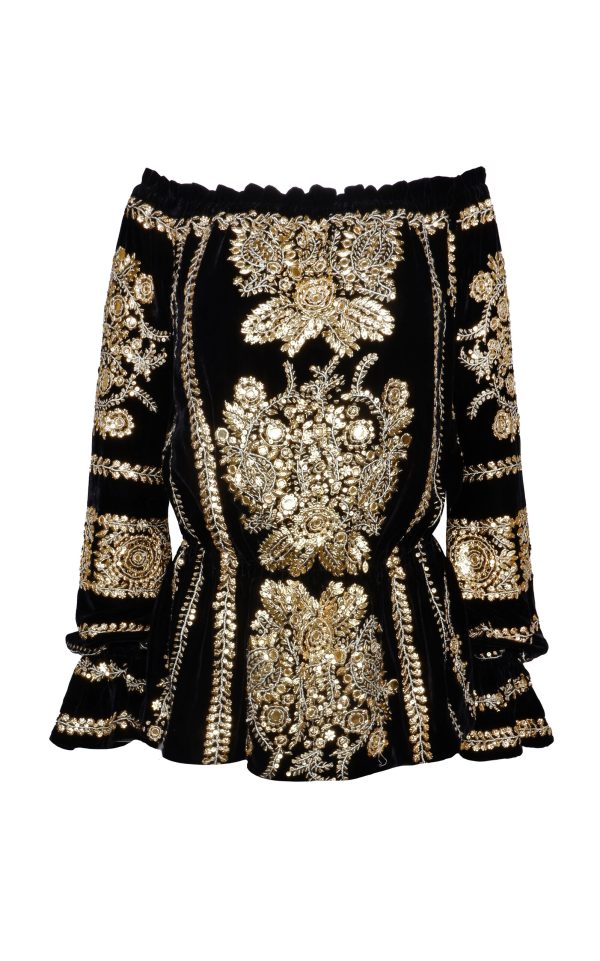 Naeem Khan - Off-The-Shoulder Embroidered Velvet Top - Multi - US 14 - Only At Moda Operandi
