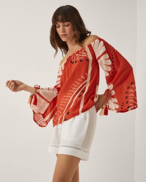 Nara Print Bardot Top Orange