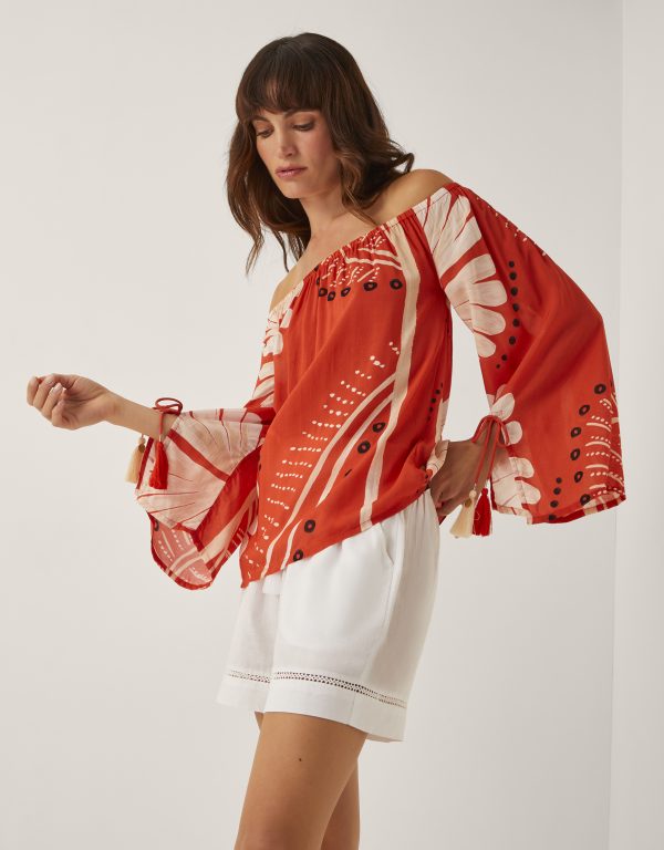 Nara Print Bardot Top Orange