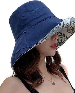 (Navy Blue) Wide Brim Cotton Summer Hat Women Packable Reversible Floral Bucket Hat UV Sun Protection Wide Brim Summer Beach Cap Double sided Floppy S