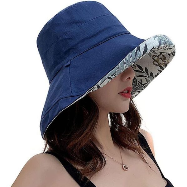 (Navy Blue) Wide Brim Cotton Summer Hat Women Packable Reversible Floral Bucket Hat UV Sun Protection Wide Brim Summer Beach Cap Double sided Floppy S
