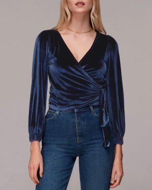 Navy Velvet V Neck Wrap Top