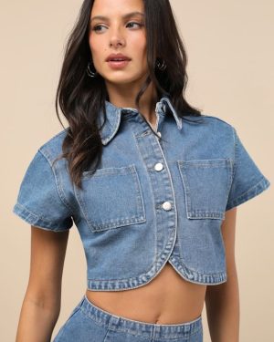 Nerea Medium Wash Denim Button-Front Crop Top