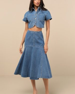 Nerea Medium Wash Denim Drop Waist Midi Skirt