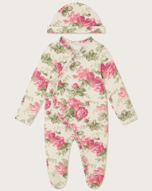 Newborn Betsy Floral Sleepsuit and Hat Ivory
