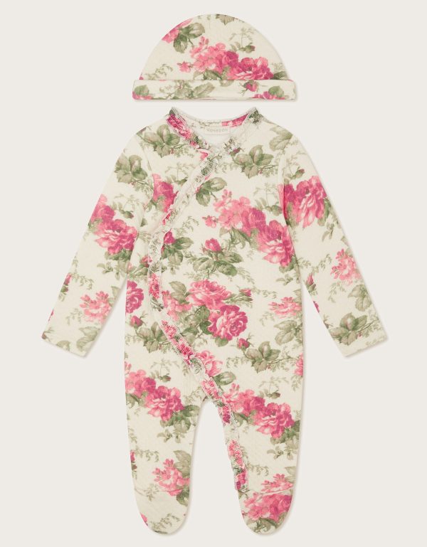 Newborn Betsy Floral Sleepsuit and Hat Ivory