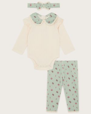 Newborn Floral Bodysuit Leggings and Headband Set Green