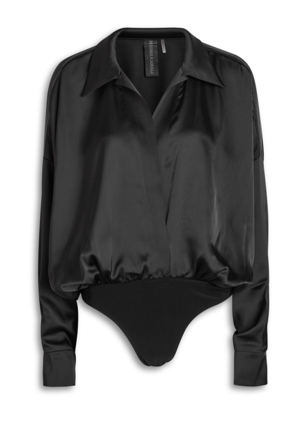 Norma Kamali Draped Satin Shirt Bodysuit - Black - XL (UK16 / XL)