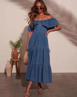 Off Shoulder Denim Long Dress With Ruffle Skirt For Casual Wear 2025