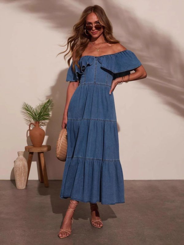 Off Shoulder Denim Long Dress With Ruffle Skirt For Casual Wear 2025