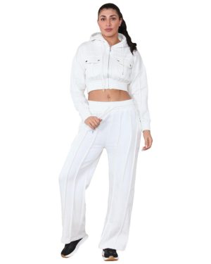 (Off White, XS) Ladies Tracksuit Zipper Crop Top Jogging Bottom