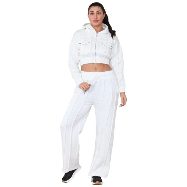 (Off White, XS) Ladies Tracksuit Zipper Crop Top Jogging Bottom