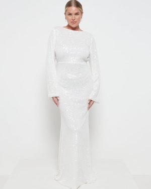 Olivia Sequin Backless Maxi Dress - Ivory, 14