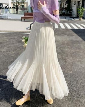 (One Size, as the picture) Korean Chic Spring Summer Women Midi Mesh Skirt High Waist Apricot Black Mermaid Tulle Skirt Elegant Feminine Trumpet Skirt