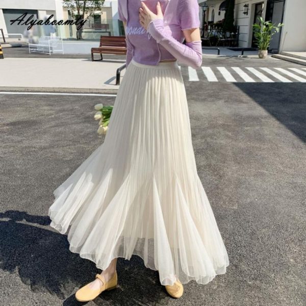 (One Size, as the picture) Korean Chic Spring Summer Women Midi Mesh Skirt High Waist Apricot Black Mermaid Tulle Skirt Elegant Feminine Trumpet Skirt