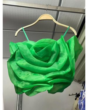 (One Size, green) Summer Women's Camisole Vacation Style Stereoscopic Floral Camisole Tank Top Chic Peplum Short Top