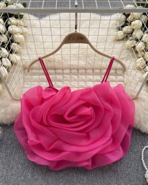 (One Size, rose red) Summer Women's Camisole Vacation Style Stereoscopic Floral Camisole Tank Top Chic Peplum Short Top