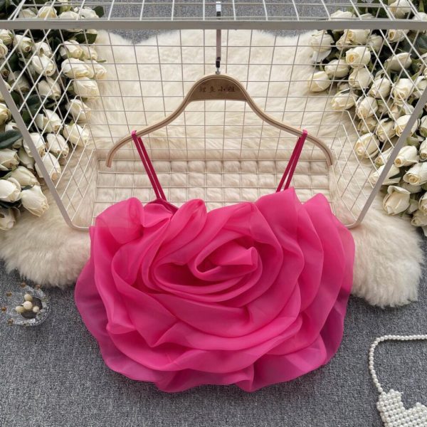 (One Size, rose red) Summer Women's Camisole Vacation Style Stereoscopic Floral Camisole Tank Top Chic Peplum Short Top
