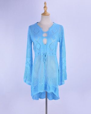 (One Size, sky blue) Sexy Cover Up Bikini Women Swimsuit Cover-up Beach Bathing Suit Beach Wear Knitting Swimwear Mesh Beach Dress Tunic Robe