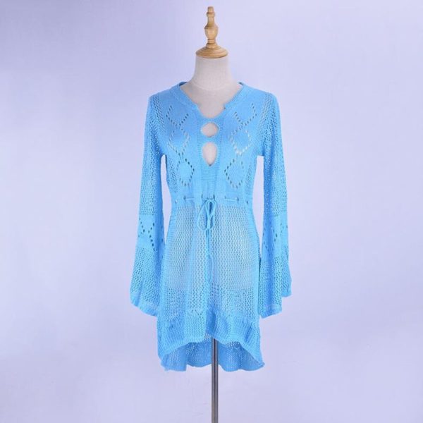 (One Size, sky blue) Sexy Cover Up Bikini Women Swimsuit Cover-up Beach Bathing Suit Beach Wear Knitting Swimwear Mesh Beach Dress Tunic Robe