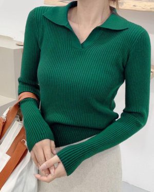 (OneSize, dark green) Polo Neck Knitted Pullovers Sweaters Women Autumn Winter Primer Shirt Long Sleeve Turn-Down Collar Short Jumper Tops Solid One S