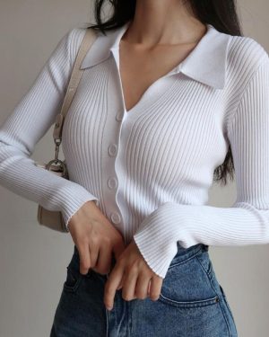 (OneSize, white) POLO Neck Pullovers Sweaters Women Spring Autumn Primer Shirt Long Sleeve Short Turn-Down Collar Hollow Buttons Knitted Tops Solid On