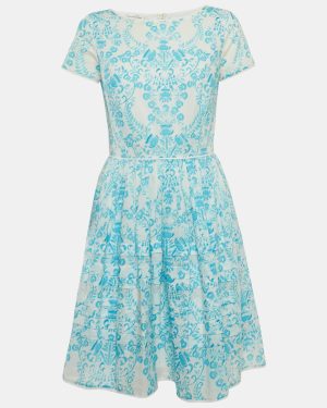 Oscar de la Renta Blue & White Printed Cotton Mini Dress S
