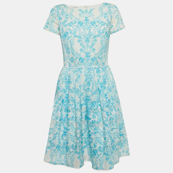Oscar de la Renta Blue & White Printed Cotton Mini Dress S