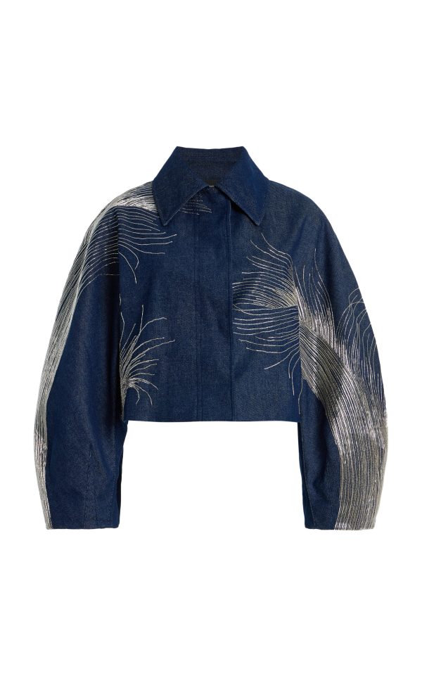 Oscar de la Renta - Feather-Embroidered Denim Jacket - Dark Wash - US 12 - Only At Moda Operandi