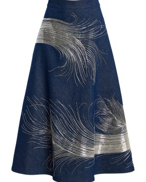 Oscar de la Renta - Feather-Embroidered Denim Midi Skirt - Dark Wash - US 10 - Only At Moda Operandi