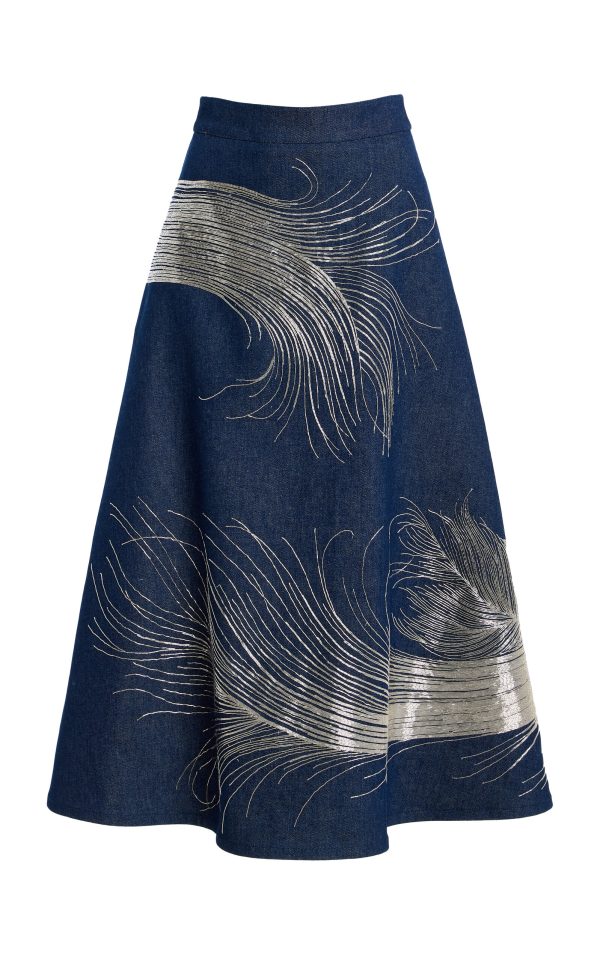 Oscar de la Renta - Feather-Embroidered Denim Midi Skirt - Dark Wash - US 10 - Only At Moda Operandi