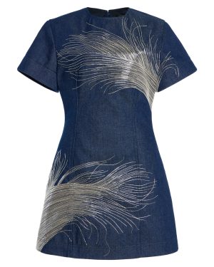 Oscar de la Renta - Feather-Embroidered Denim Mini Dress - Dark Wash - US 16 - Only At Moda Operandi