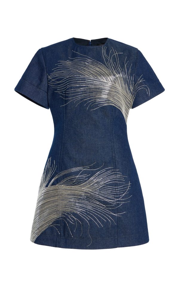 Oscar de la Renta - Feather-Embroidered Denim Mini Dress - Dark Wash - US 16 - Only At Moda Operandi