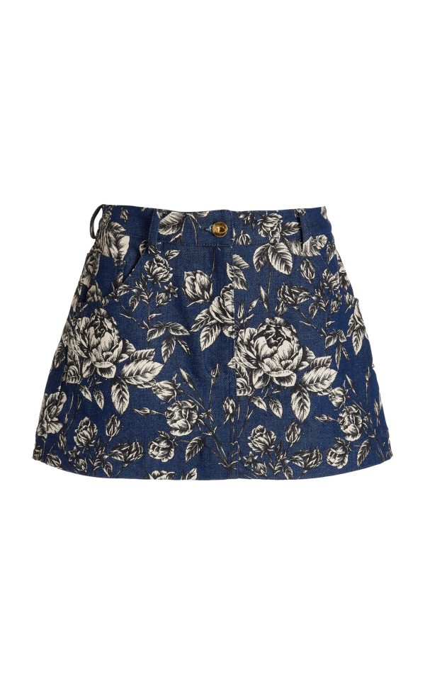Oscar de la Renta - Printed Stretch-Denim Mini Skirt - Dark Wash - US 2 - Moda Operandi