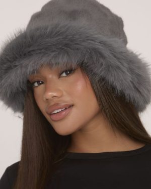 Oversized Hat In Grey Faux Fur, Women's Size UK One Size