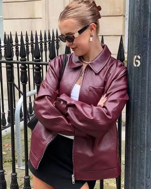 PU Leather Jacket Turndown Collar Long Sleeves Zipper Women's Jacket In Burgundy