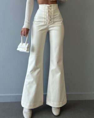 PU Leather Pants Drawstring Raised Waist Trousers For Women