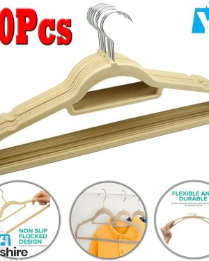 (Pack of 10) Non Slip Flocked Coat Clothes Hangers Velvet Trouser Hanging Space Saving Beige