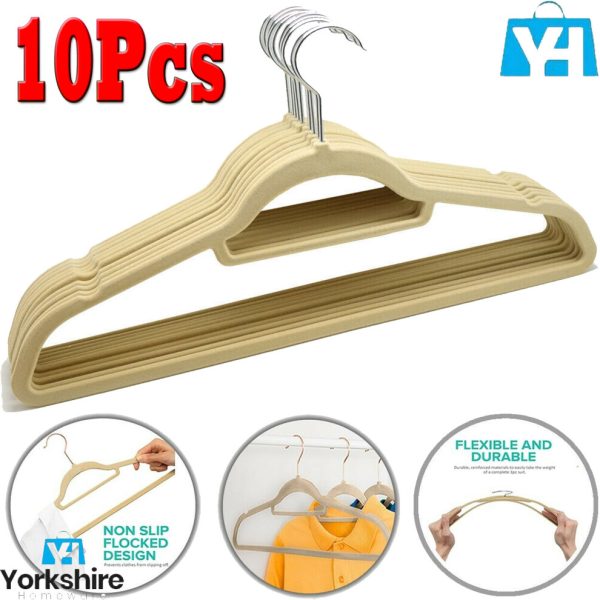(Pack of 10) Non Slip Flocked Coat Clothes Hangers Velvet Trouser Hanging Space Saving Beige