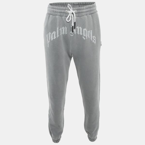 Palm Angels Grey Logo Print Cotton Knit Joggers S