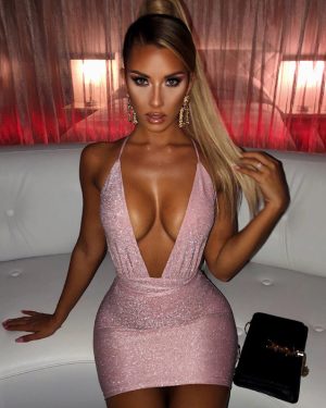 Party Dresses Pink V-Neck Pleated Sleeveless Backless Semi Formal Dress Bodycon Dress