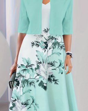 (Pastel Blue, M(6)) Elegant Two-piece Dress Set, Crop Half Sleeve Top & Floral Print Tank Dress Outfits, Women's Clothing